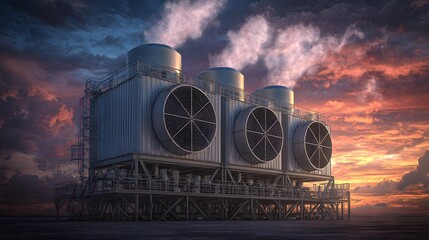 A futuristic carbon capture and storage (CCS) facility at sunset, symbolizing green technology and the fight against climate change.

