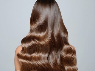 Fototapeta premium Glossy and Flowing Long Brown Hair with Natural Waves from the Back on a Neutral Background