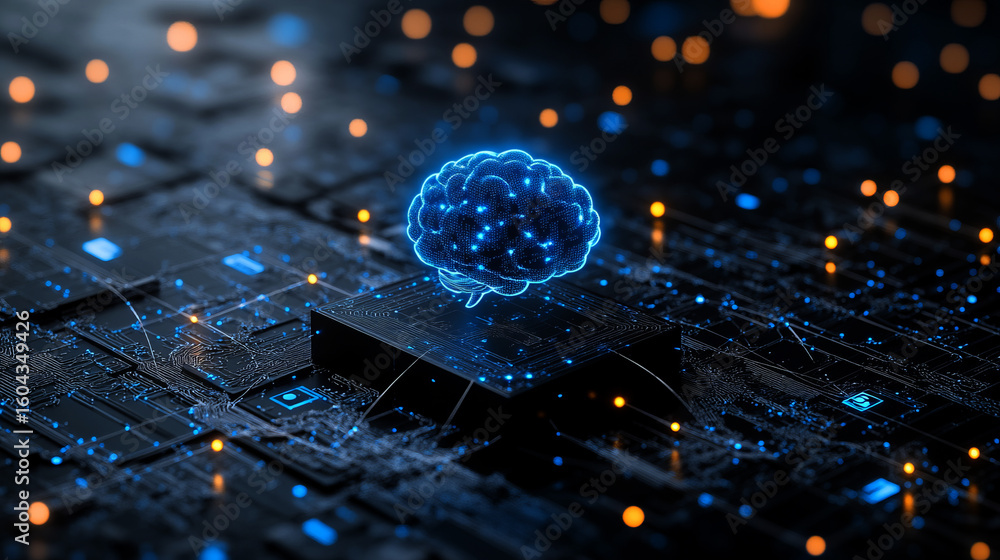 Poster 3d rendering of a blue, glowing brain icon on a black cube platform