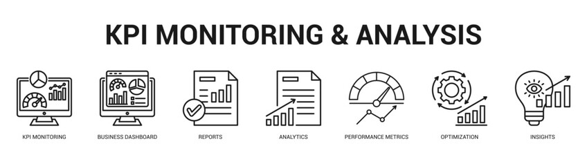 KPI Monitoring and Analysis Modern and clean web banner illustration featuring thematic icons for visual communication