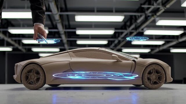 Clay model of a sports car is being analyzed by an automotive engineer using a futuristic software, highlighting aerodynamics and underbody airflow