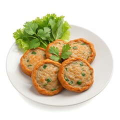 soft thai style steamed fish cakes with herbs, senior friendly meal set ,isolated on white background