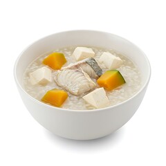 thai style fish porridge with pumpkin and tofu, soft textured diet for elderly ,isolated on white background