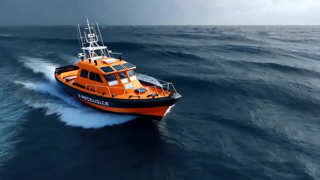 Rescue boat navigating through rough seas near a coastline during a stormy afternoon
