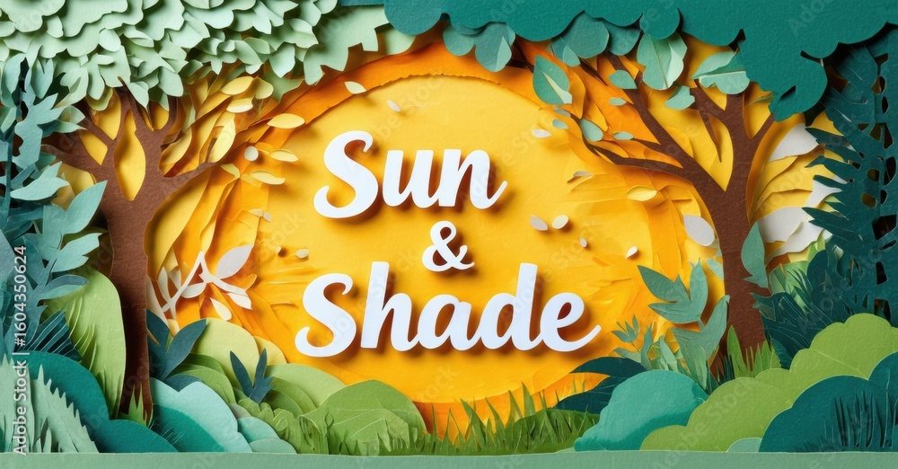 Poster papercraft forest scene. sunlight filters through trees, creating warm glow. text reads sun shade. p