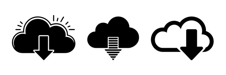 Black Cloud Download Icons. Minimalist Cloud Storage and Data Transfer Symbols for Backup, File Sharing, and Online Storage Services