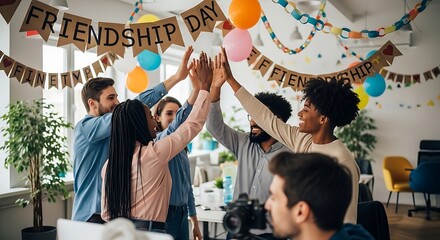 Group of diverse young adults celebrating friendship day with a high five in a decorated office space