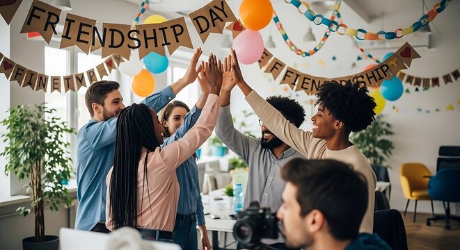 Group of diverse young adults celebrating friendship day with a high five in a decorated office space - Powered by Adobe