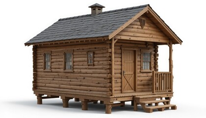 Cozy rustic log cabin with a small porch and steep roof