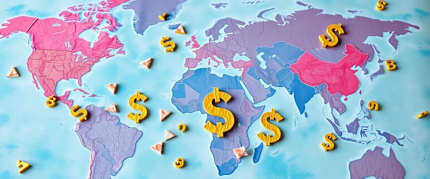 Cracked currency symbols scattered on a world map, depicting global trade fragmentation,  isolationism,  finance