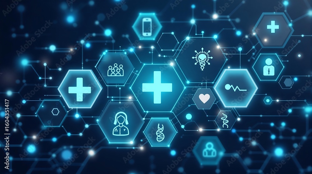 Poster digital healthcare network displaying medical icons connected by glowing lines and hexagons
