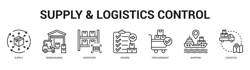 Supply and Logistics Control Modern and clean web banner illustration featuring thematic icons for visual communication