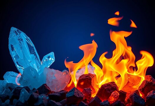 Fiery orange flames contrast with icy blue crystals against a deep blue backdrop,  graphic,  image