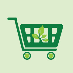 Green shopping cart with leaf symbol icon. Concept of natural products and products made from recycled materials. Vector illustration