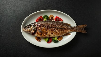 Whole Grilled Fish in Soy-Based Sauce with Broccoli and Tomato Garnish – Top View on White Oval Plate