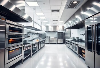 Gleaming stainless steel, high-capacity ovens, and modern prep stations fill a pristine empty restaurant kitchen, stainless steel, culinary