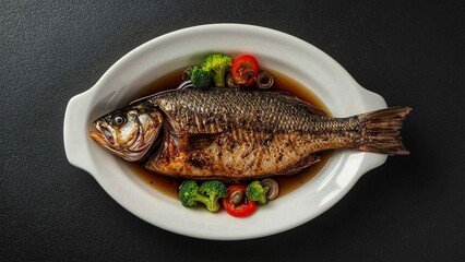 Whole Grilled Fish in Soy-Based Sauce with Broccoli and Tomato Garnish – Top View on White Oval Plate