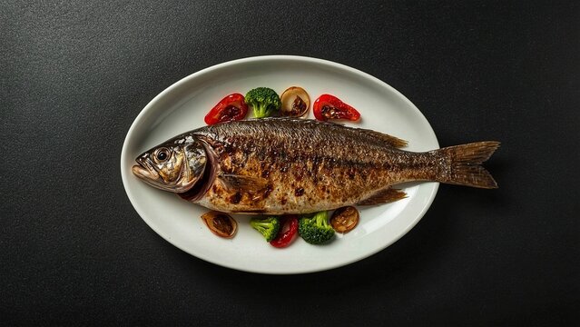 Whole Grilled Fish in Soy-Based Sauce with Broccoli and Tomato Garnish &ndash; Top View on White Oval Plate