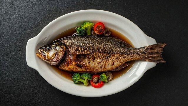 Whole Grilled Fish in Soy-Based Sauce with Broccoli and Tomato Garnish &ndash; Top View on White Oval Plate