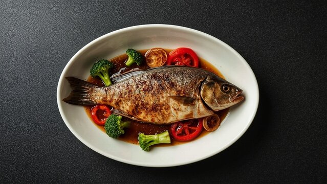 Whole Grilled Fish in Soy-Based Sauce with Broccoli and Tomato Garnish &ndash; Top View on White Oval Plate