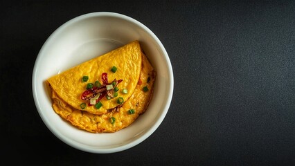 Golden Omelette with Sautéed Shallots and Fresh Scallions on White Plate – Minimalist Top View Food Photography