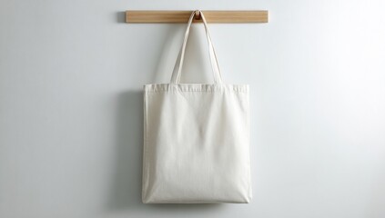 Simple white tote bag hangs gracefully from a wooden hook against a clean neutral wall creating a minimalist and versatile product display.