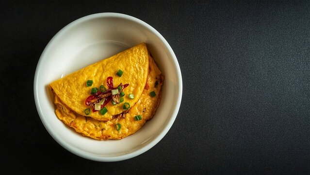 Golden Omelette with Saut&eacute;ed Shallots and Fresh Scallions on White Plate &ndash; Minimalist Top View Food Photography