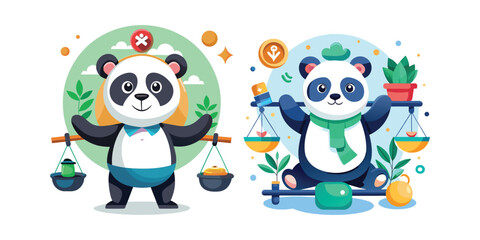 Fototapeta premium Friendly panda mascot promoting work-life balance, healthy lifestyle, and productivity. Cute business panda vector design perfect for wellness, office culture, and motivational themes.