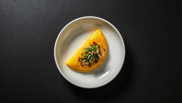 Golden Omelette with Saut&eacute;ed Shallots and Fresh Scallions on White Plate &ndash; Minimalist Top View Food Photography