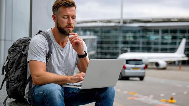 Business traveler working on laptop at airport while waiting for flight to departure gate in modern terminal
