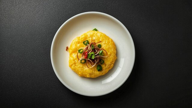Golden Omelette with Saut&eacute;ed Shallots and Fresh Scallions on White Plate &ndash; Minimalist Top View Food Photography