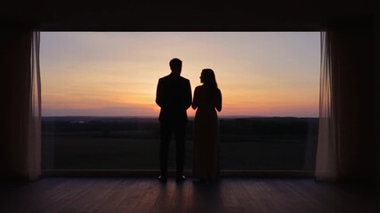 Silhouetted couple holding hands and watching sunset on open plain
Concept of romance and peaceful connection - Powered by Adobe