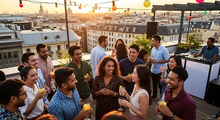 Group of people enjoying a rooftop party with drinks and a dj against a city skyline at sunset