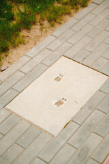 footprints on concrete pavement evoke whimsical curiosity, showing two small imprints amid smooth...