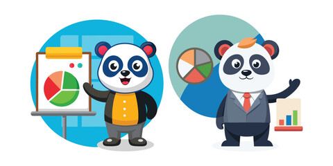 Fototapeta premium Friendly panda giving a business presentation with colorful pie chart, corporate teamwork vector illustration for marketing, education, and office concept design.