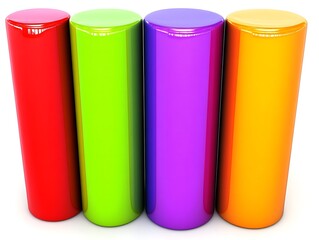Four brightly colored cylindrical columns arranged closely together on a white surface