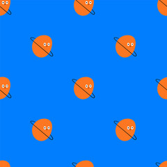 Seamless pattern. Planet Saturn. Funny character. Vector design. Illustration on blue background.