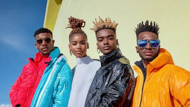 Vibrant outdoor fashion with stylish group showcasing colorful jackets against bright backdrop