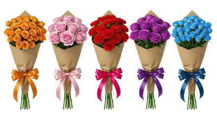 Colorful rose bouquets in a row with ribbon isolated PNG with Transparent Background