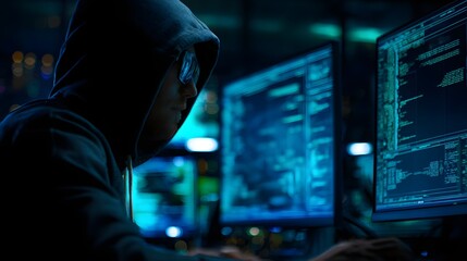 Anonymous hooded hacker or cybersecurity specialist coding in a dark room with multiple computer screens, representing cybercrime and data security.

