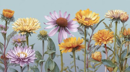 Vibrant floral display nature garden botanical illustration serene environment close-up view beauty and color harmony