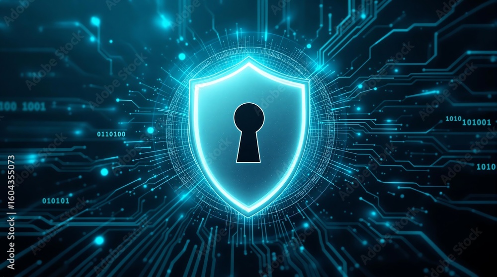 Aufkleber a glowing blue shield with a keyhole on a circuit board background representing data protection secu