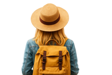 PNG woman tourist with straw hat and yellow backpack isolated on transparent background. Concept of travel adventure, summer vacation, hiking lifestyle. Cut out girl for trip design element