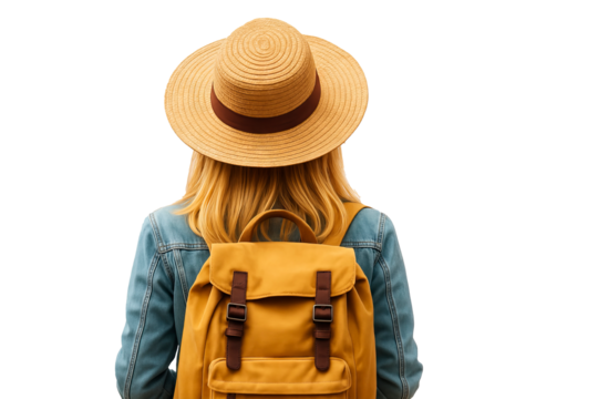 PNG woman tourist with straw hat and yellow backpack isolated on transparent background. Concept of travel adventure, summer vacation, hiking lifestyle. Cut out girl for trip design element
