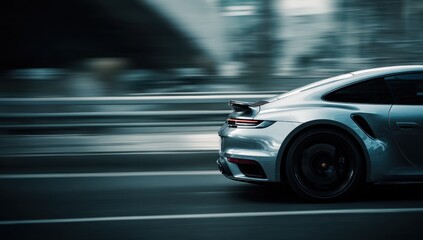 Fototapeta premium Sleek silver sports car speeds along a blurred highway creating a dynamic sense of motion and power with its aerodynamic design.