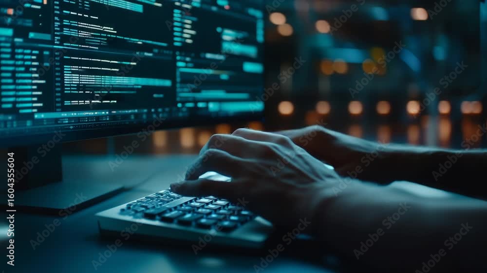 Poster a side view captures hands typing on a keyboard with glowing spreadsheets and email drafts on the sc