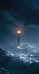 Luminous lighthouse piercing dark stormy seas