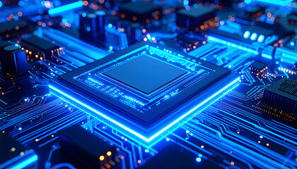 Detailed circuit board with blue processor chip