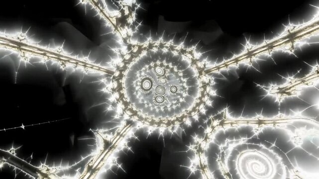 An intricate fractal design shimmers against a dark background, evoking the mysterious elegance of math and digital art. Revealing geometric patterns. 
