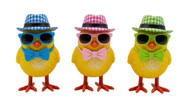 Three yellow chicks wearing hats and bow ties isolated PNG with Transparent Background